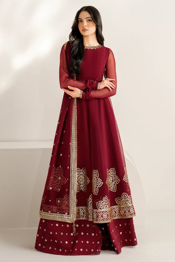 Deep Ruby Maroon & Antique Gold: Embroidered Chiffon Suit