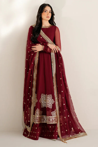 Deep Ruby Maroon & Antique Gold: Embroidered Chiffon Suit