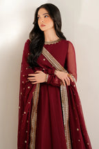 Deep Ruby Maroon & Antique Gold: Embroidered Chiffon Suit