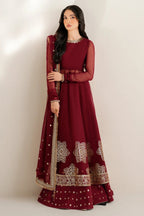 Deep Ruby Maroon & Antique Gold: Embroidered Chiffon Suit