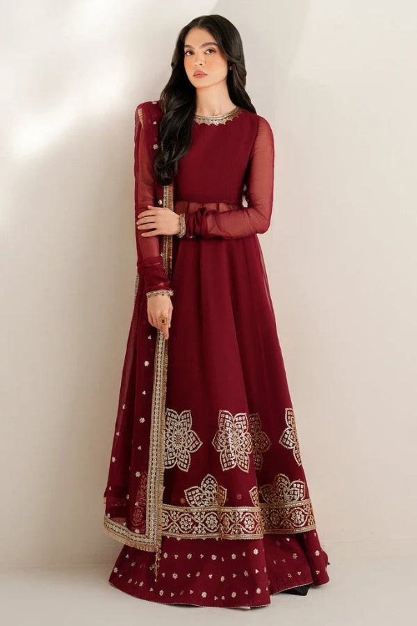 Deep Ruby Maroon & Antique Gold: Embroidered Chiffon Suit