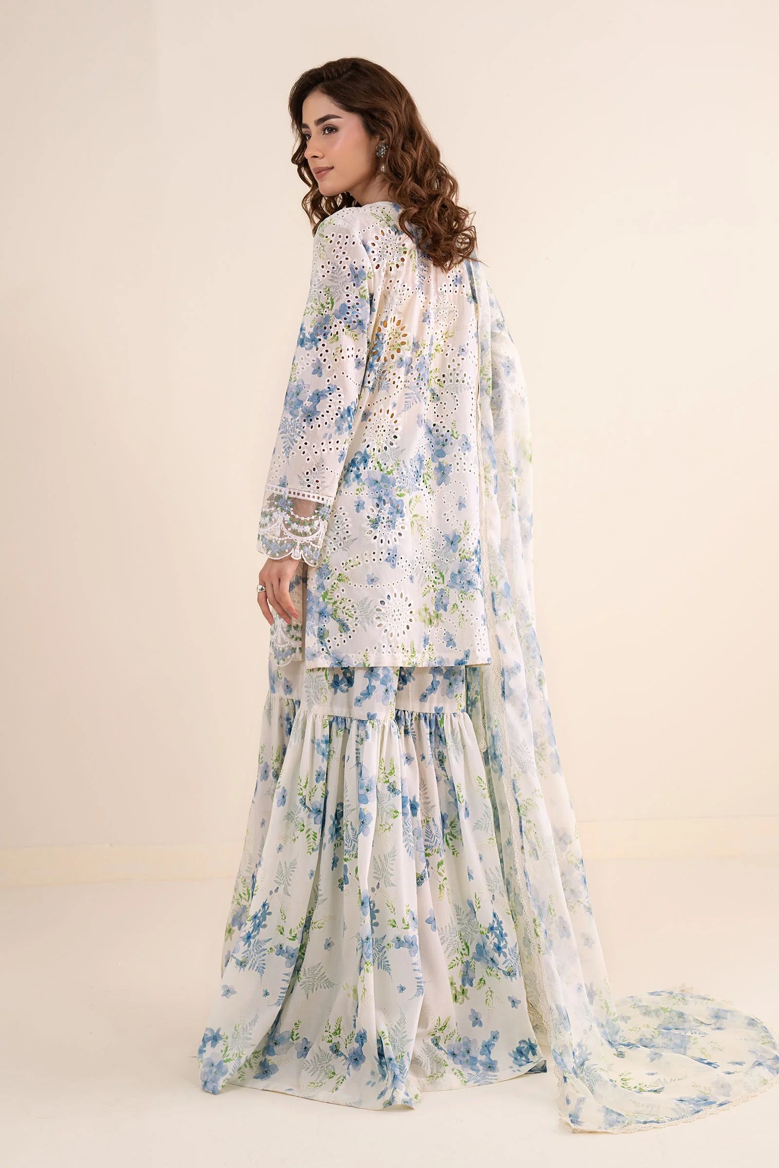 Off-White & Sky Blue Floral: Printed Lawn Suit