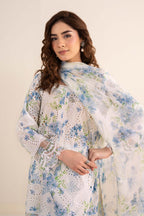 Off-White & Sky Blue Floral: Printed Lawn Suit
