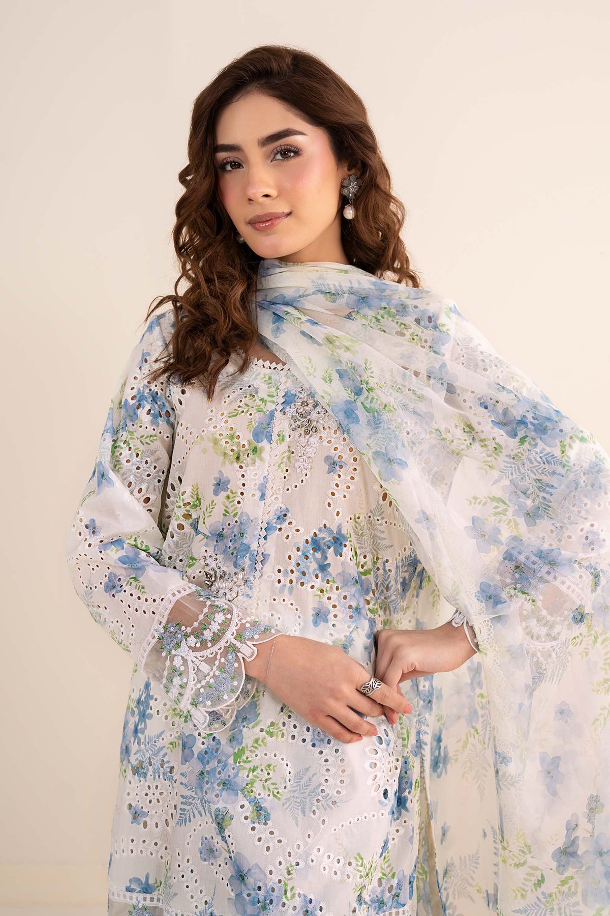 Off-White & Sky Blue Floral: Printed Lawn Suit
