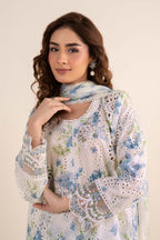 Off-White & Sky Blue Floral: Printed Lawn Suit