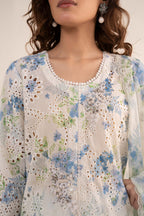 Off-White & Sky Blue Floral: Printed Lawn Suit