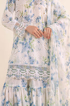 Off-White & Sky Blue Floral: Printed Lawn Suit