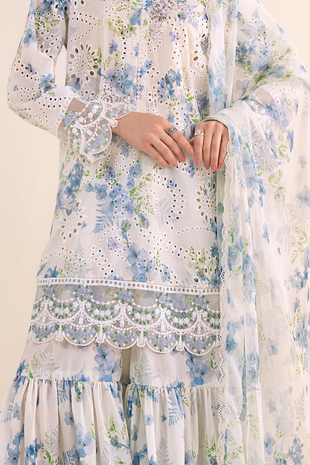 Off-White & Sky Blue Floral: Printed Lawn Suit