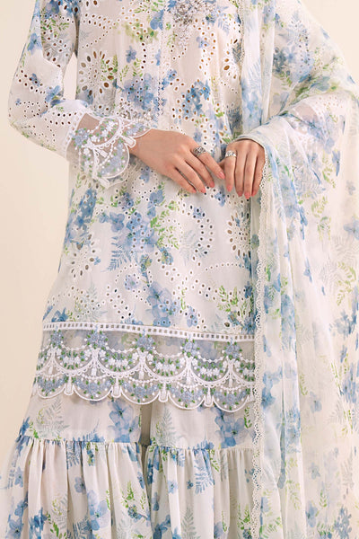 Off-White & Sky Blue Floral: Printed Lawn Suit