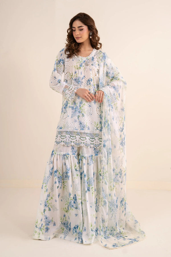Off-White & Sky Blue Floral: Printed Lawn Suit