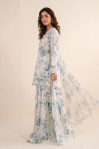 Off-White & Sky Blue Floral: Printed Lawn Suit