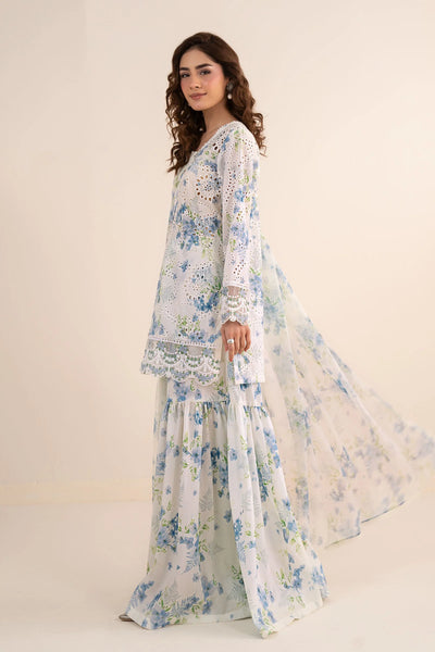 Off-White & Sky Blue Floral: Printed Lawn Suit