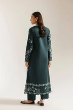 Deep Emerald Green & Ivory Embroidered 2-Piece Silk Suit | Ready To Wear