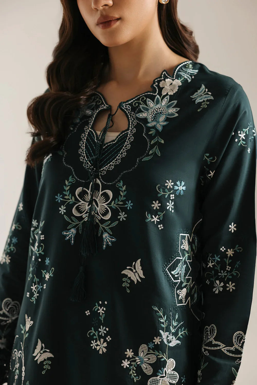 Deep Emerald Green & Ivory Embroidered 2-Piece Silk Suit | Ready To Wear