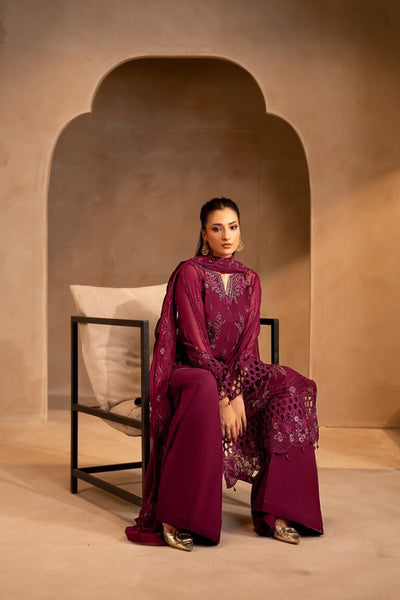Rich Magenta Wine: Embroidered Chiffon Suit