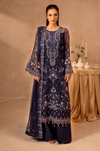 Midnight Blue & Antique Pastel: Embroidered Chiffon Suit