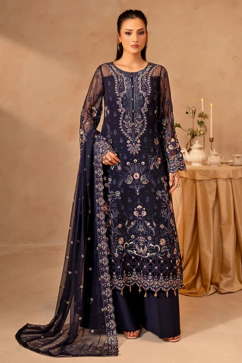 Midnight Blue & Antique Pastel: Embroidered Chiffon Suit