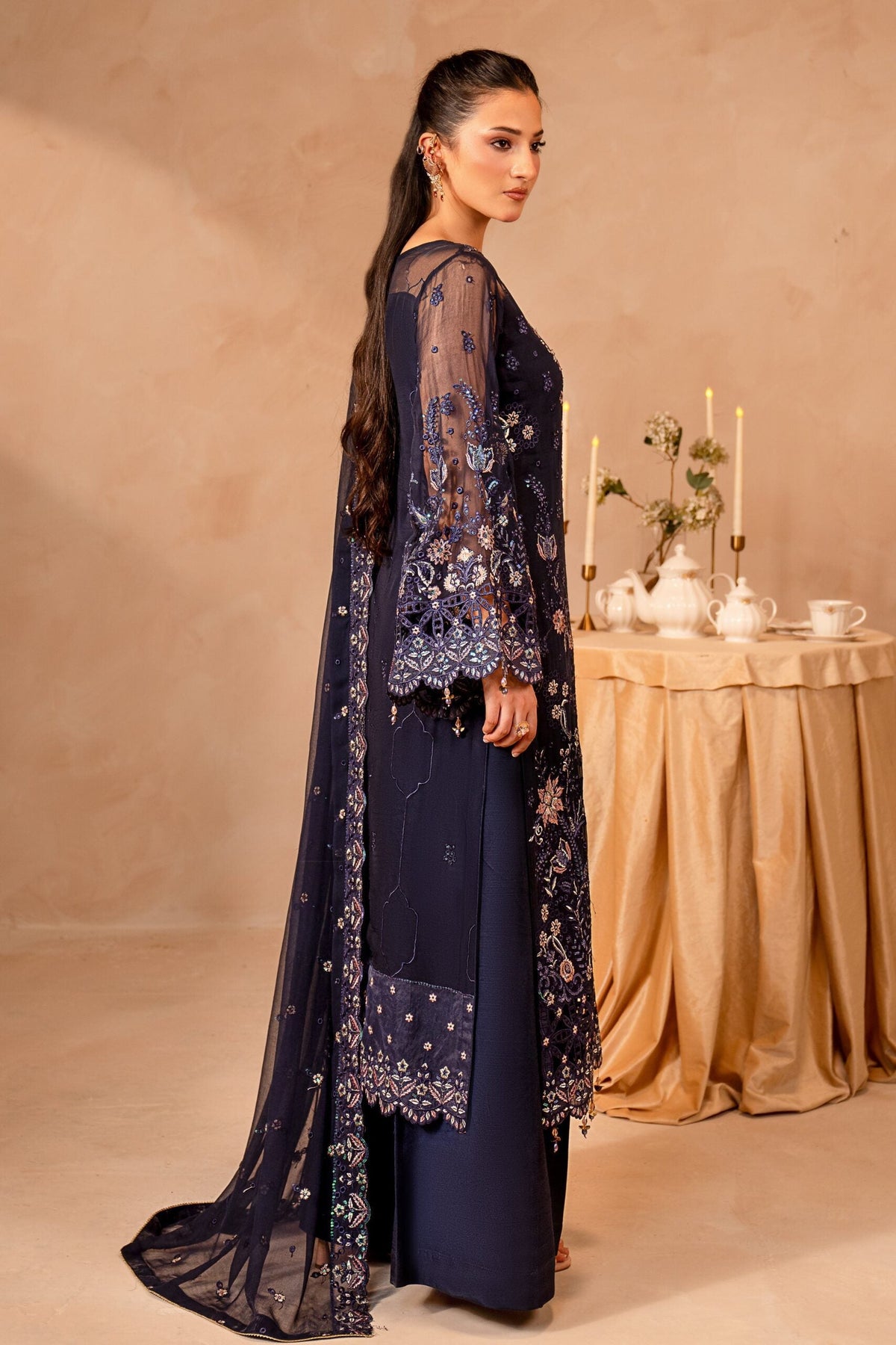 Midnight Blue & Antique Pastel: Embroidered Chiffon Suit