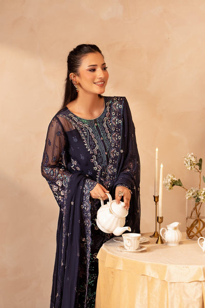 Midnight Blue & Antique Pastel: Embroidered Chiffon Suit