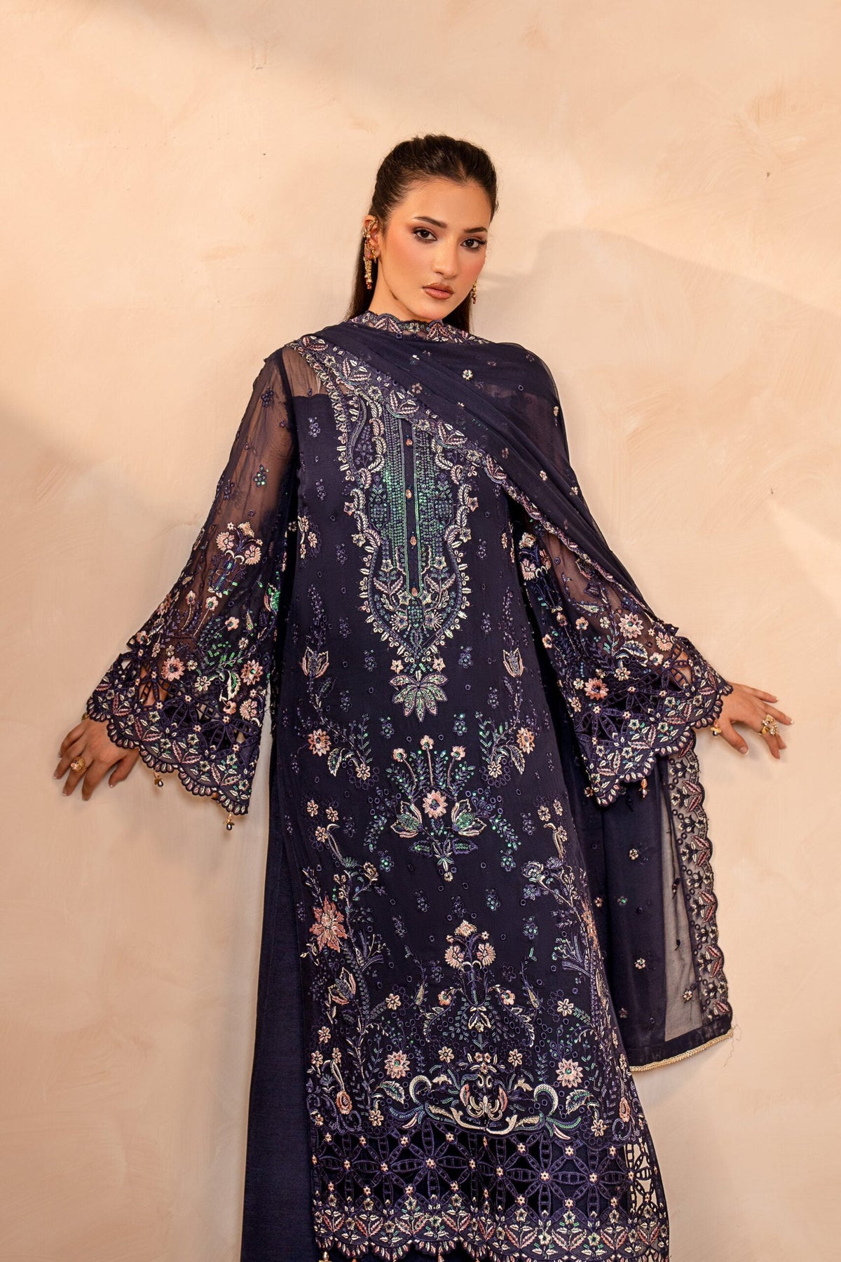 Midnight Blue & Antique Pastel: Embroidered Chiffon Suit