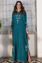 The Teal Lagoon: Silk Embroidered Long Kaftan Kurta | Ready To Wear