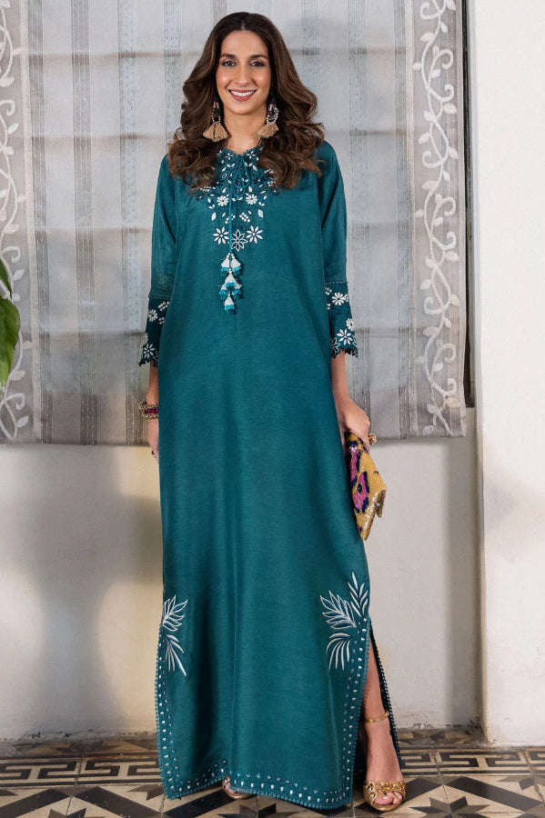 The Teal Lagoon: Silk Embroidered Long Kaftan Kurta | Ready To Wear