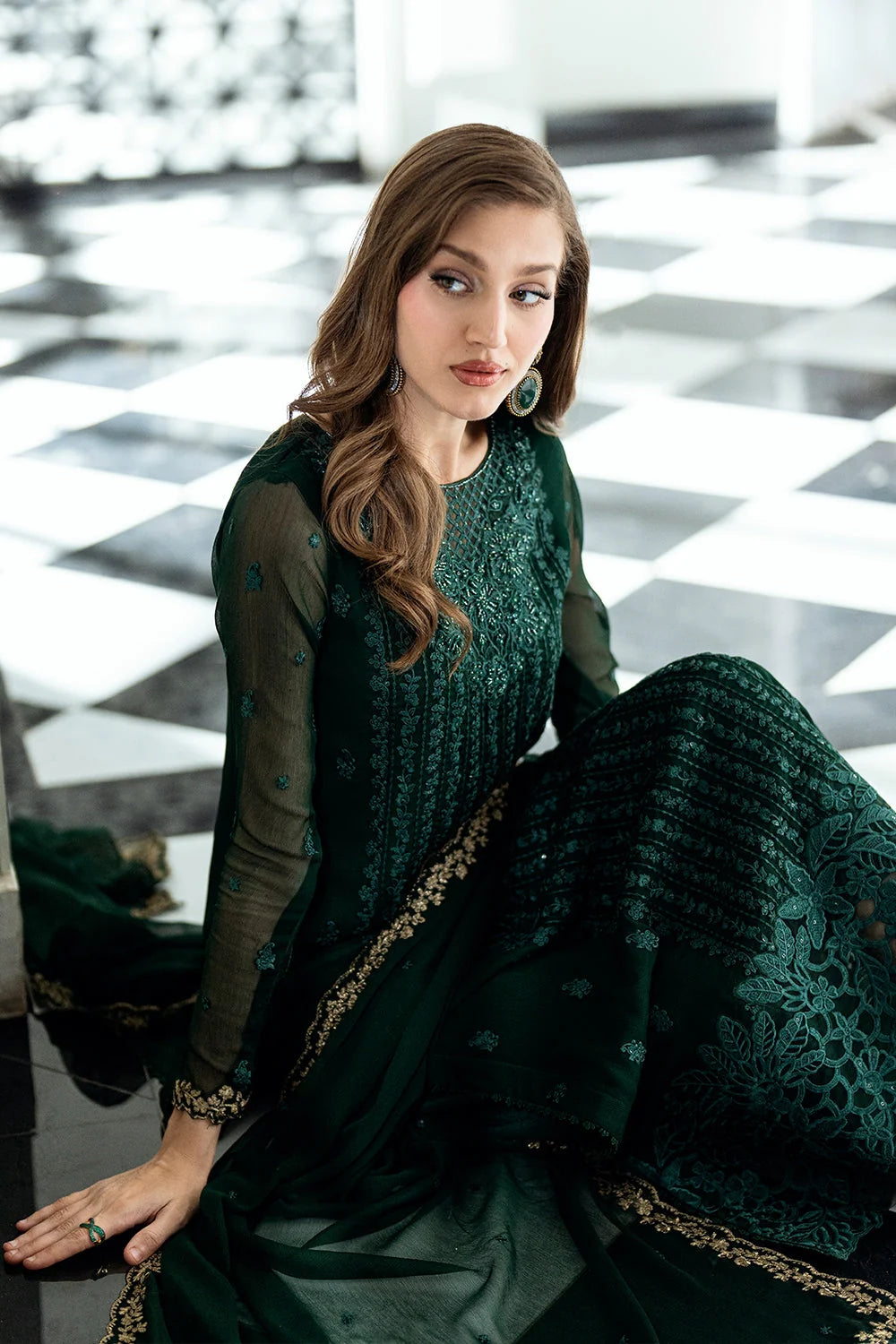 Rich Forest Green: 03-Piece Chiffon Suit