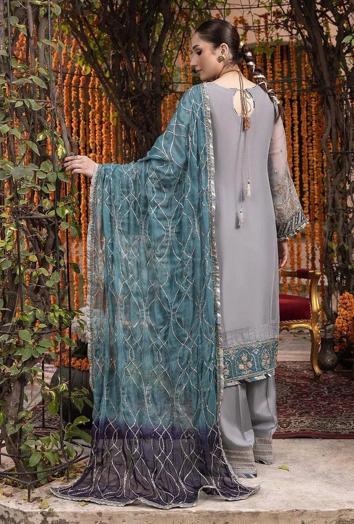 Steel Grey: Embroidered Chiffon Suit | Ready To Wear
