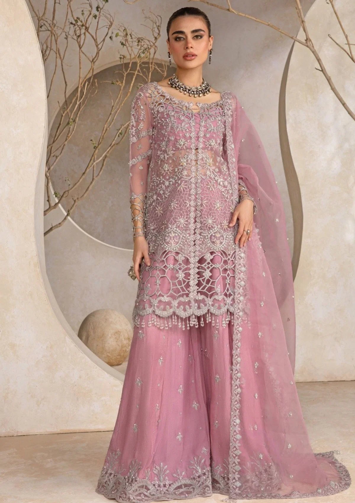 Lilac Mauve & Silver Sparkle: Embroidered Organza Suit | Ready To Wear