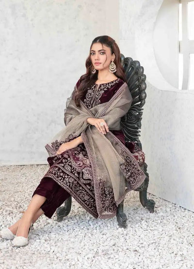 3 Piece Stitched Velvet Suit - Ready To Wear