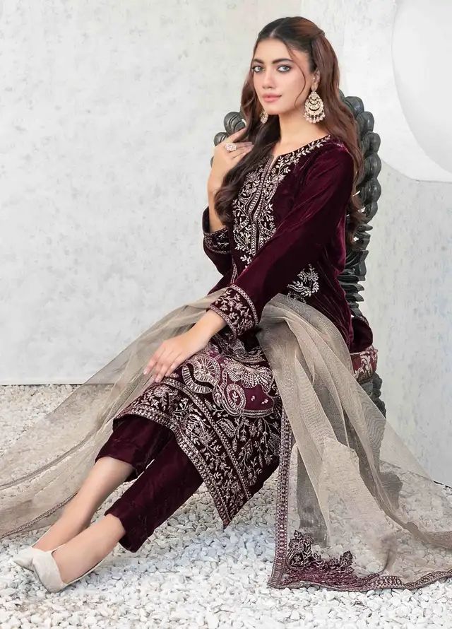 3 Piece Stitched Velvet Suit - Ready To Wear