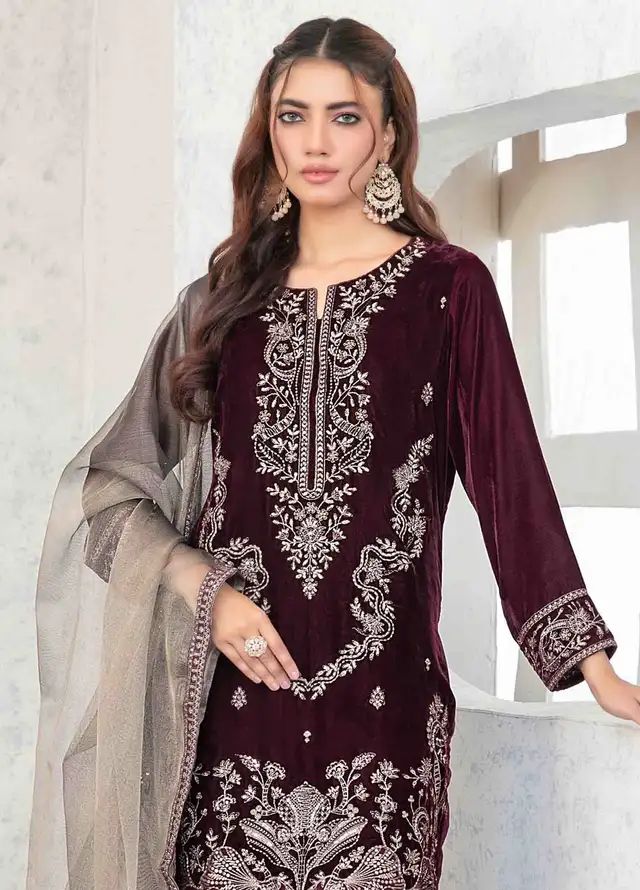 3 Piece Stitched Velvet Suit - Ready To Wear