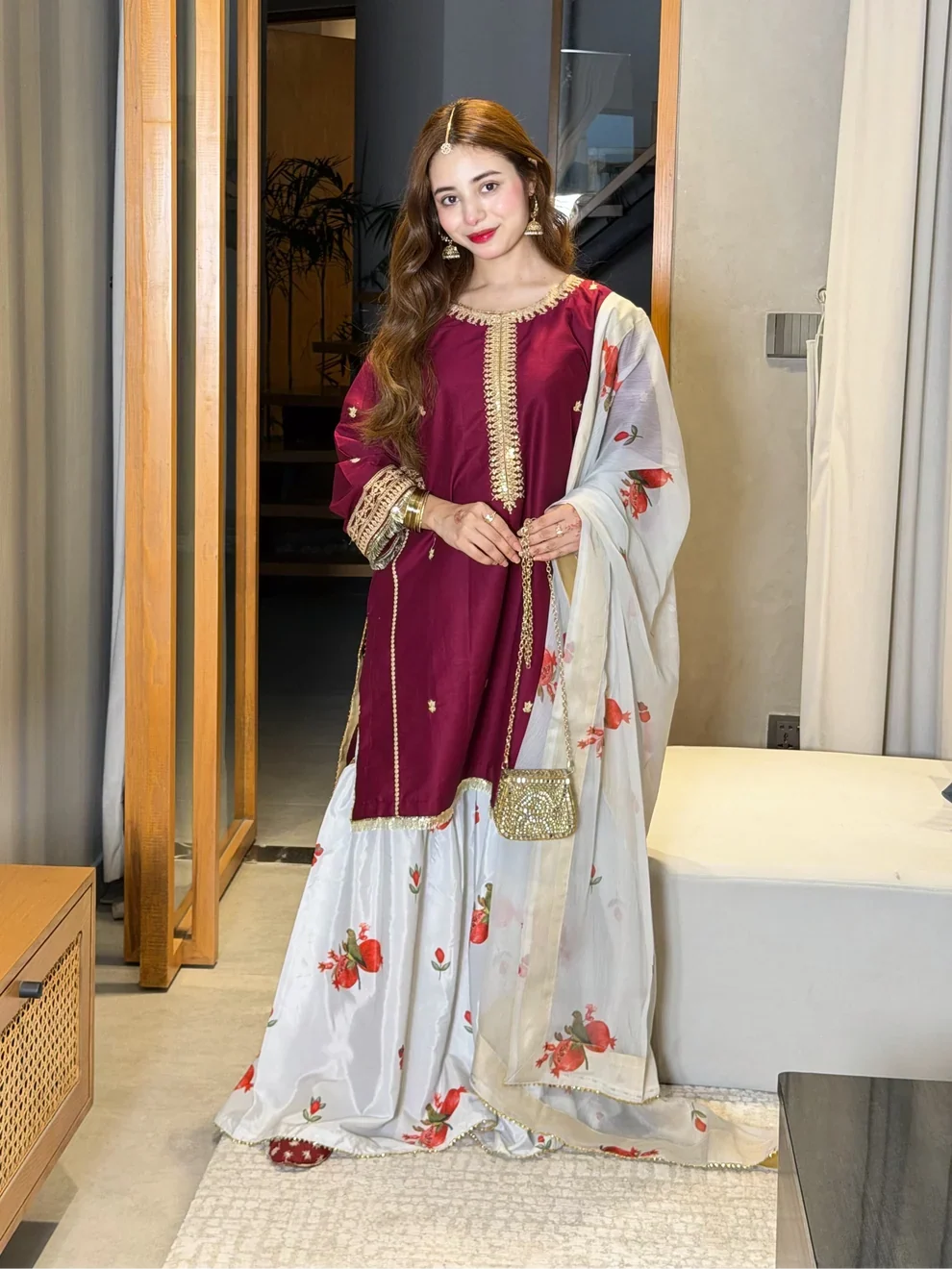 03-Piece Embroidered Shamoz Silk Suit