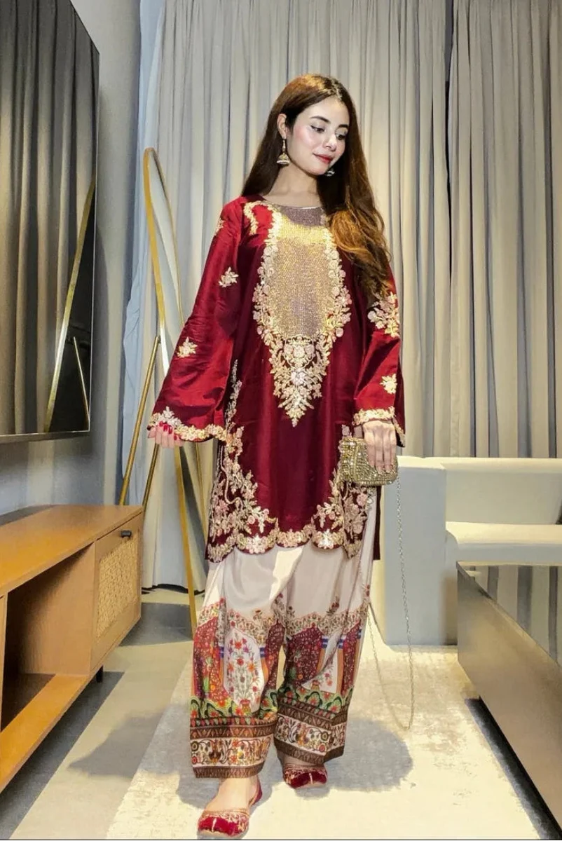 Majestic Maroon Silk 2-Piece Luxury Suit - Ready To Wear