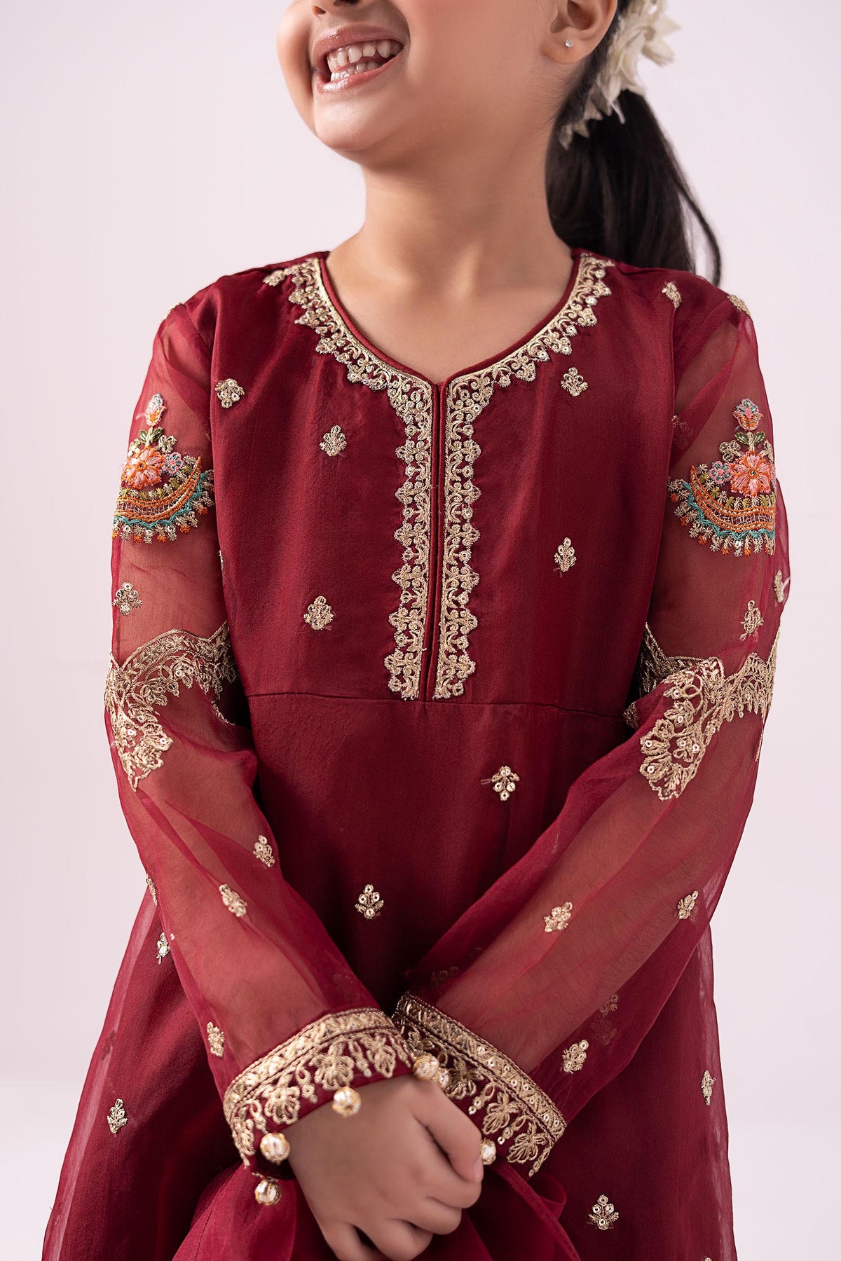 Deep Crimson & Metallic Gold: Embroidered Organza Suit