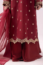 Deep Crimson & Metallic Gold: Embroidered Organza Suit