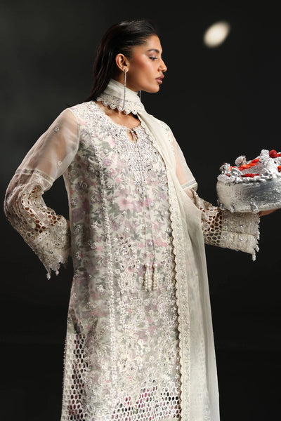 Icy White & Floral Accent: Embroidered Organza Suit | Ready To Wear