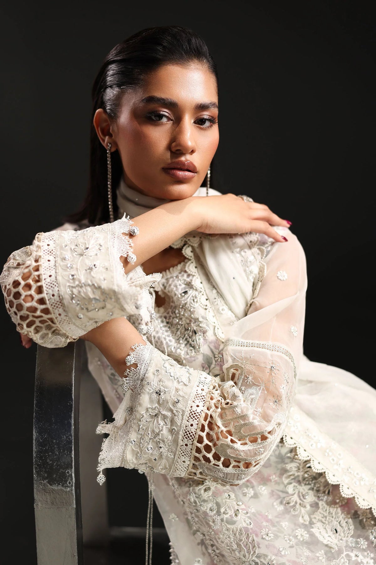 Icy White & Floral Accent: Embroidered Organza Suit | Ready To Wear