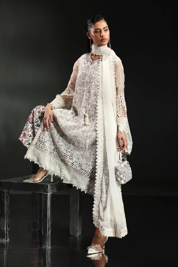 Icy White & Floral Accent: Embroidered Organza Suit | Ready To Wear