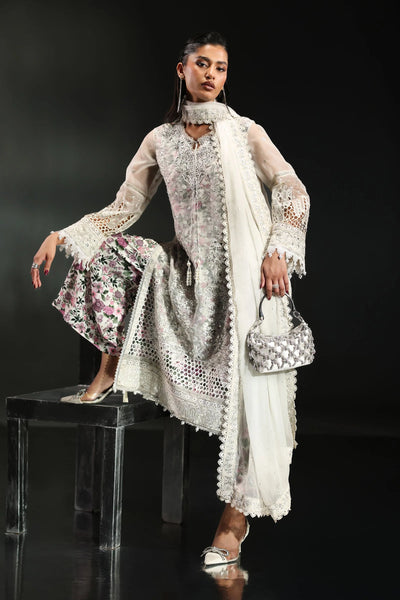 Icy White & Floral Accent: Embroidered Organza Suit | Ready To Wear