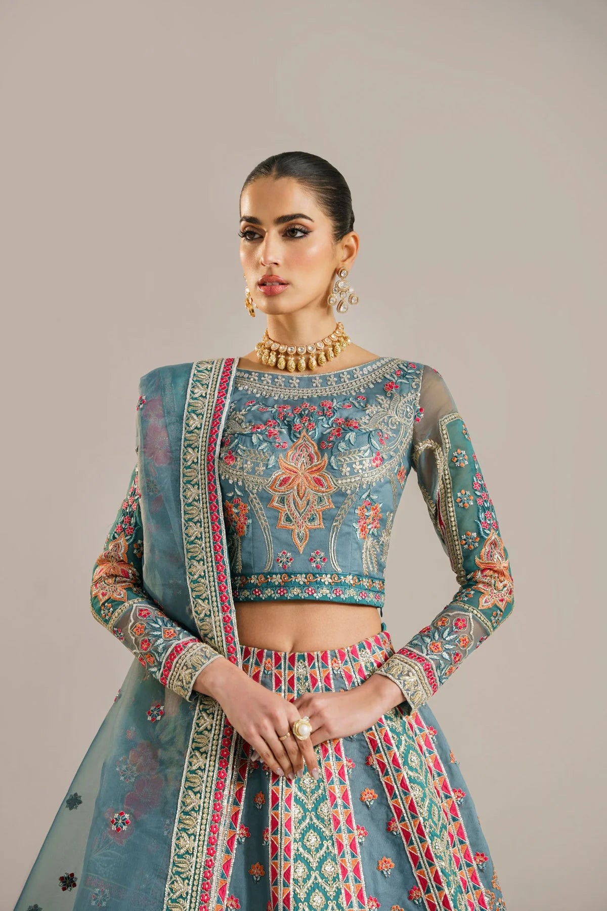 Steel Blue & Multi Color Embroidered Organza Lehnga Choli