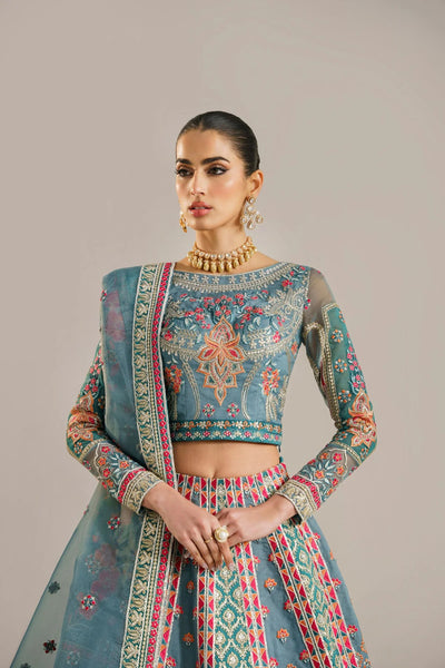 Steel Blue & Multi Color Embroidered Organza Lehnga Choli