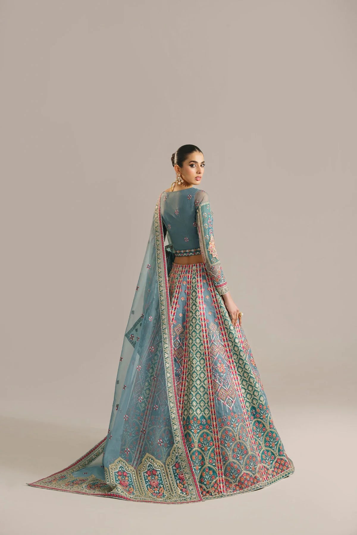 Steel Blue & Multi Color Embroidered Organza Lehnga Choli