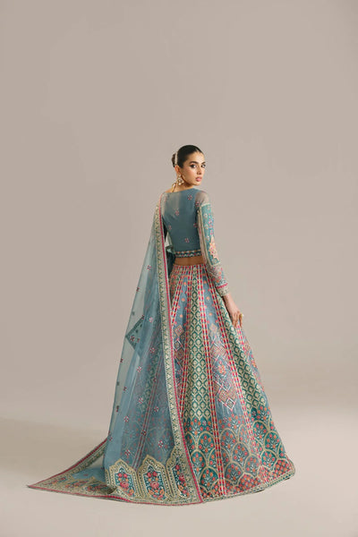 Steel Blue & Multi Color Embroidered Organza Lehnga Choli