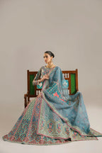 Steel Blue & Multi Color Embroidered Organza Lehnga Choli