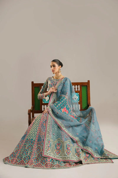 Steel Blue & Multi Color Embroidered Organza Lehnga Choli