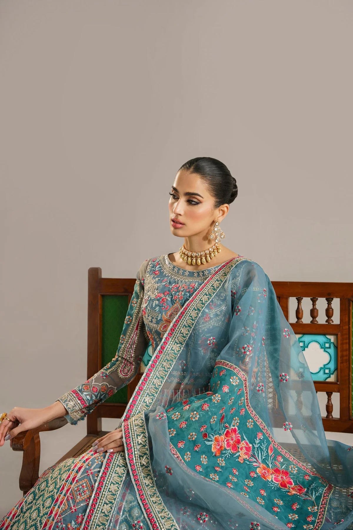 Steel Blue & Multi Color Embroidered Organza Lehnga Choli