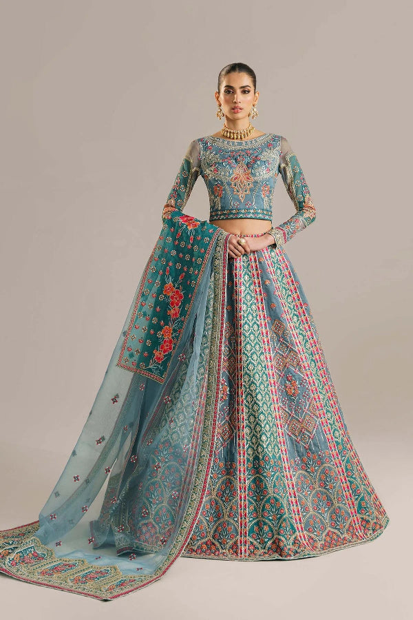 Steel Blue & Multi Color Embroidered Organza Lehnga Choli