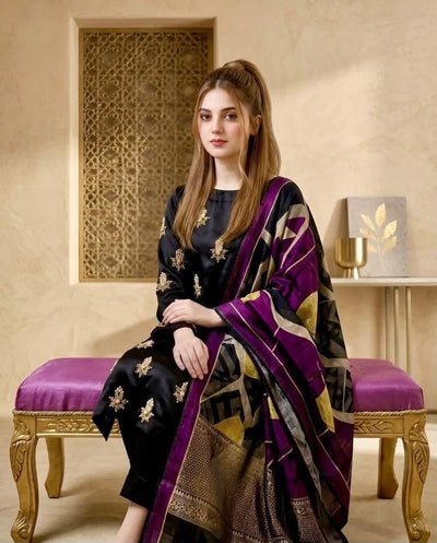Midnight Black & Gold: Silk Suit With Pearls & Beads Handwork