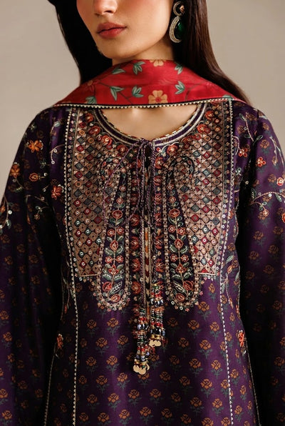 Eggplant Purple & Multi-Color Accent: Embroidered Lawn Suit